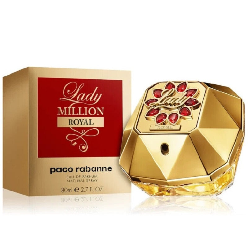 Paco Rabanne Lady Million Royal perfume bottle and packaging on a white background