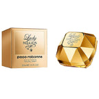 Gold perfume bottle and packaging of Lady Million by Paco Rabanne on a white background
