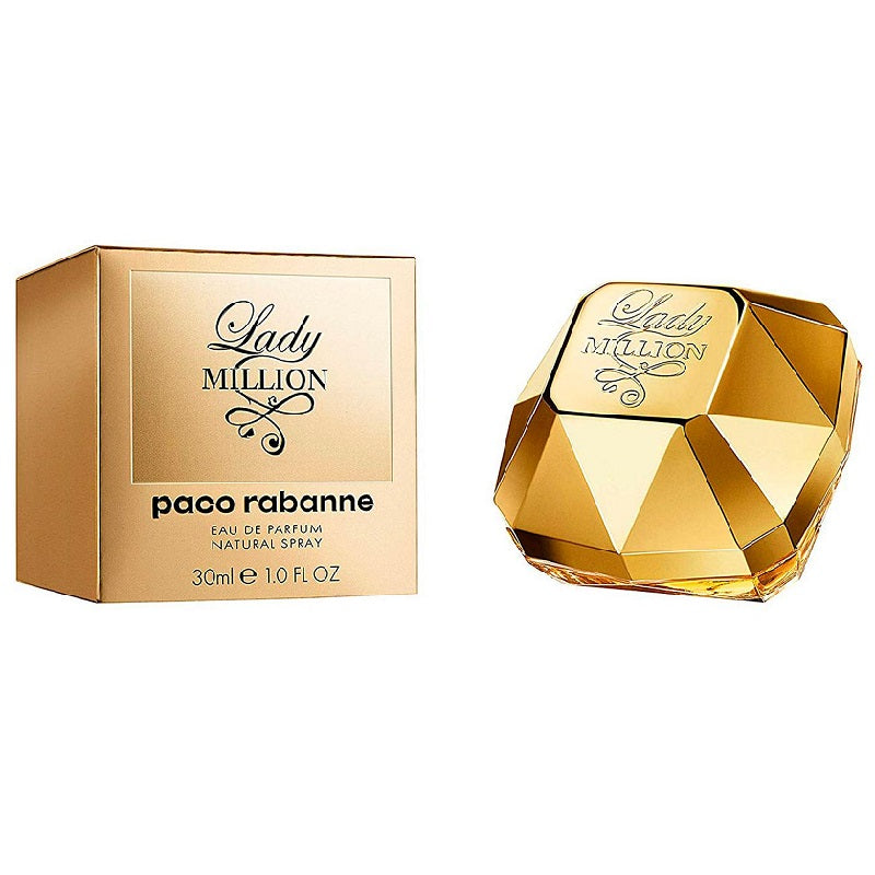 Gold perfume bottle and packaging of Lady Million by Paco Rabanne on a white background
