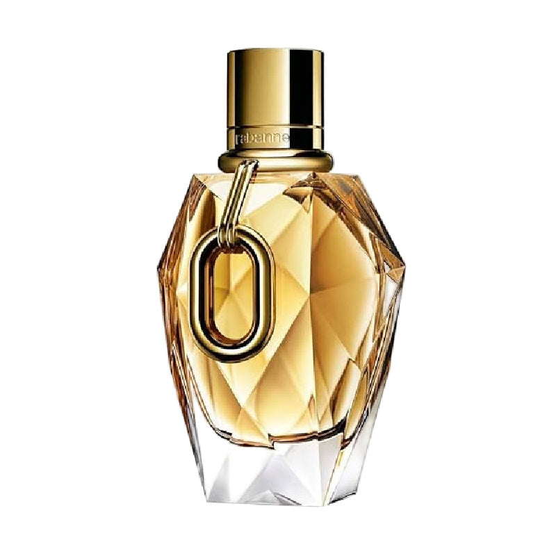 Gold perfume bottle with a white background