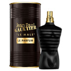 A black bottle of Le Male Le Parfum Intense Eau De Parfum by Jean Paul Gaultier with a gold cap, displayed next to its brown packaging box.
