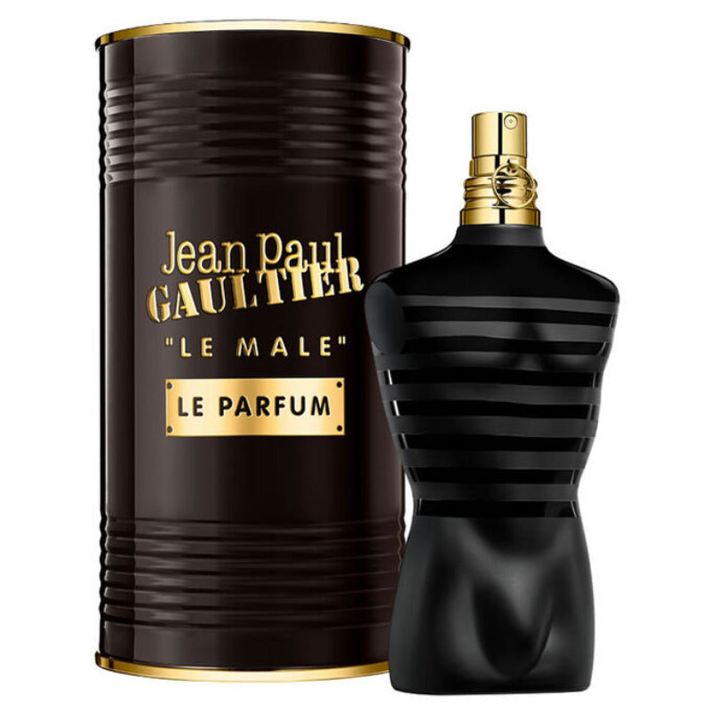 A black bottle of Le Male Le Parfum Intense Eau De Parfum by Jean Paul Gaultier with a gold cap, displayed next to its brown packaging box.