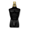 A black bottle of Le Male Le Parfum by Jean Paul Gaultier with a gold cap, designed in the shape of a male torso.