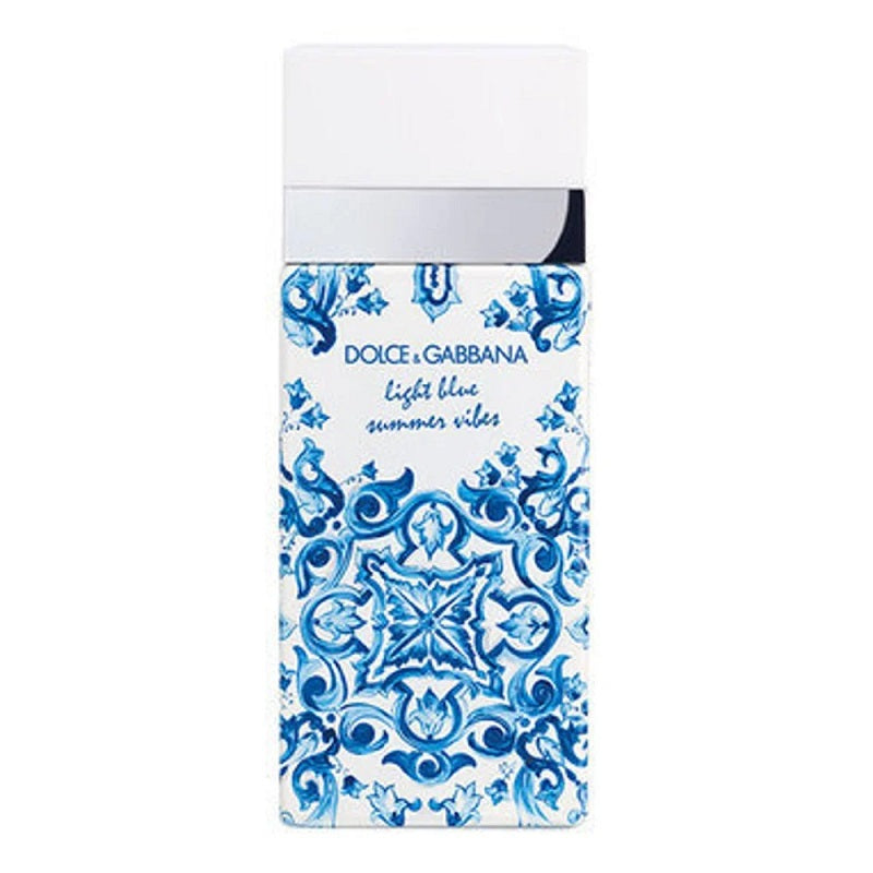 Dolce & Gabbana Light Blue Summer Vibes perfume bottle with blue and white design on a white background