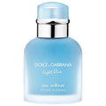 A bottle of Dolce & Gabbana Light Blue Eau Intense Pour Homme, with a clear blue liquid visible and the label at the bottom.
