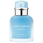 A bottle of Dolce & Gabbana Light Blue Eau Intense Pour Homme, with a clear blue liquid visible and the label at the bottom.