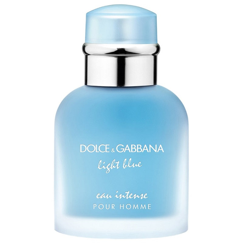 A bottle of Dolce & Gabbana Light Blue Eau Intense Pour Homme, with a clear blue liquid visible and the label at the bottom.