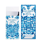 Dolce & Gabbana Light Blue Summer Vibes perfume bottle and packaging with blue and white pattern.