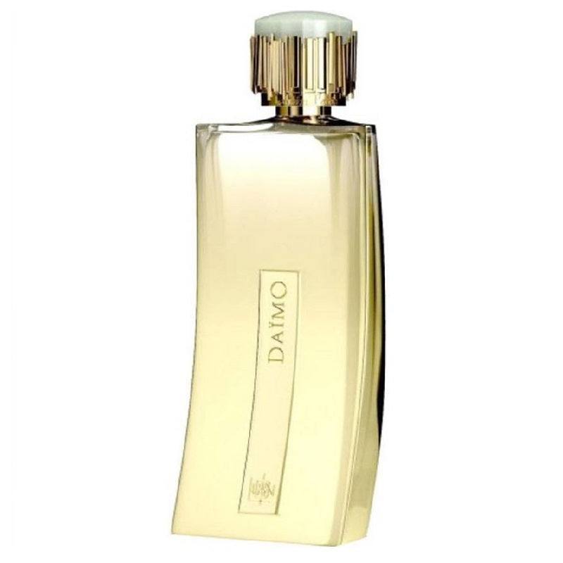A curved, clear glass bottle of Daimo Eau de Parfum by Lubin, with a gold label and cap.