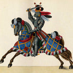 Decorative illustration of a knight on horseback with armor and a sword, set against a plain background.