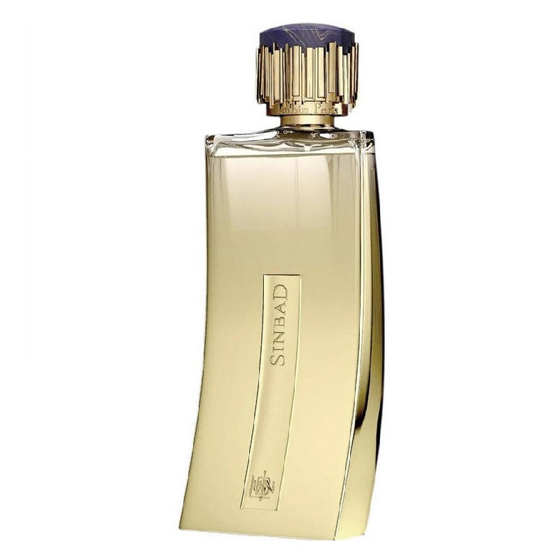 A bottle of Sinbad Eau de Parfum by Lubin with a gold-colored label and a clear glass bottle showcasing the liquid inside.