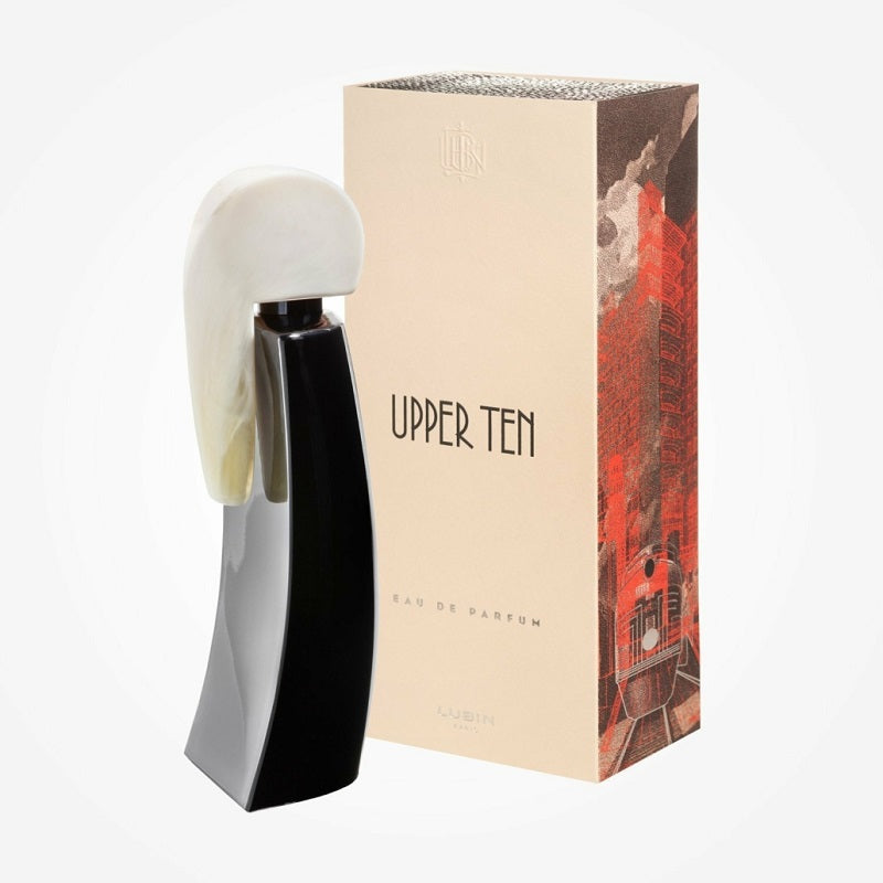 Perfume bottle and packaging with 'Upper Ten' branding on a white background