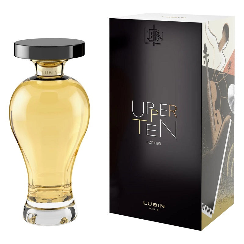 Perfume bottle and packaging of Lubin Uper Ten for her on a white background