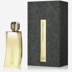 Gold perfume bottle with black textured packaging