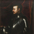 Portrait of a man in armor against a dark background