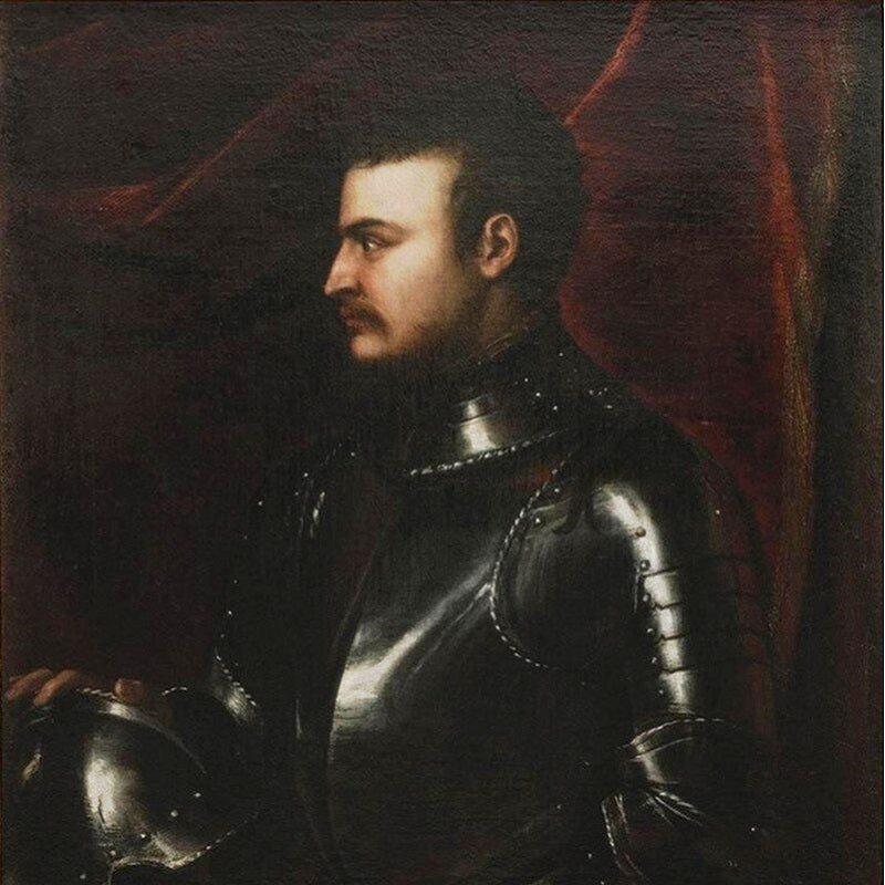 Portrait of a man in armor against a dark background