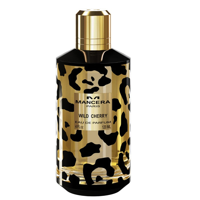 Perfume bottle with leopard print design on a white background