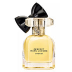 Perfume bottle with black bow on a white background