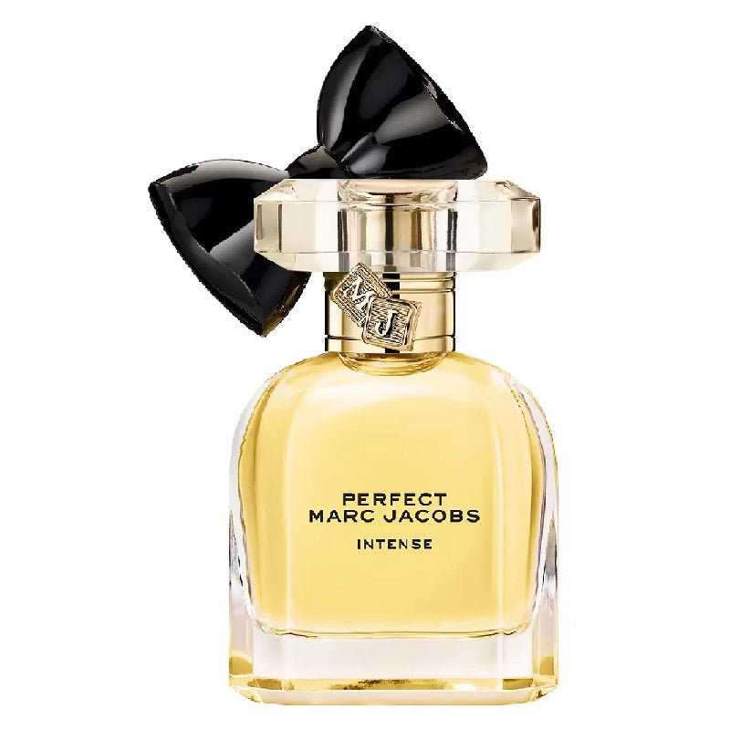 Perfume bottle with black bow on a white background