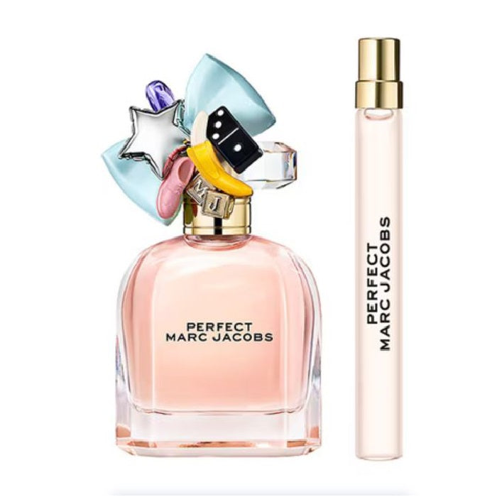Marc Jacobs Perfect perfume set with a large bottle and a smaller travel-sized version on a white background.