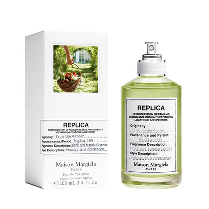 Maison Margiela Replica perfume bottle and its packaging box on a white background.