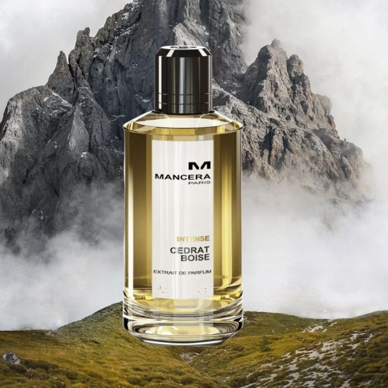 Mancera perfume bottle with mountainous landscape in the background