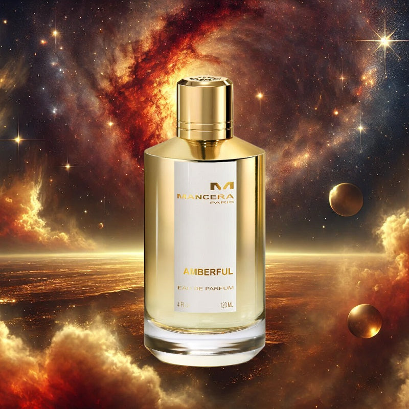 Perfume bottle labeled 'Amberful' against a cosmic background.