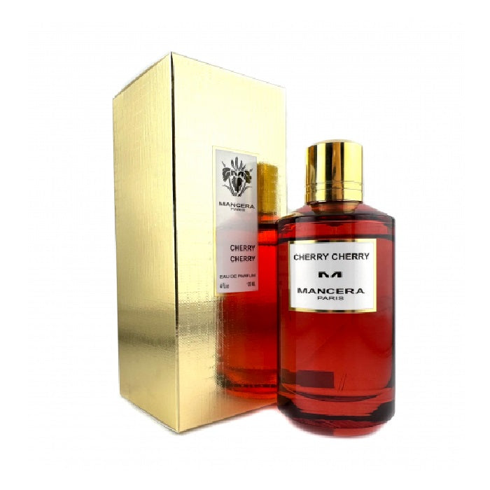 Perfume bottle labeled 'Cherry Cherry' with a gold box on a white background