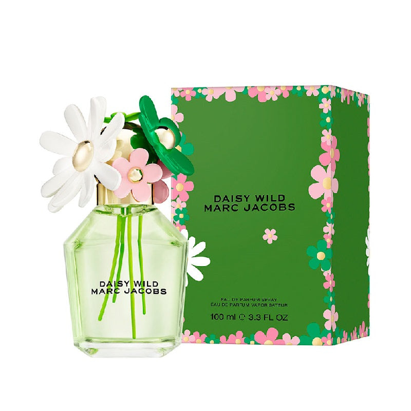 Marc Jacobs Daisy Wild perfume bottle and packaging with floral design on a white background