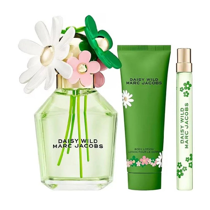 Marc Jacobs Daisy Wild perfume set with flowers on a white background