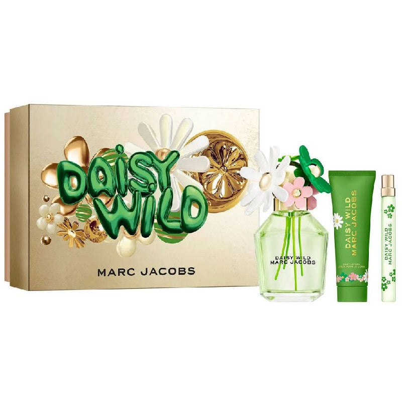 Marc Jacobs Daisy Wild perfume set with packaging and products on a white background