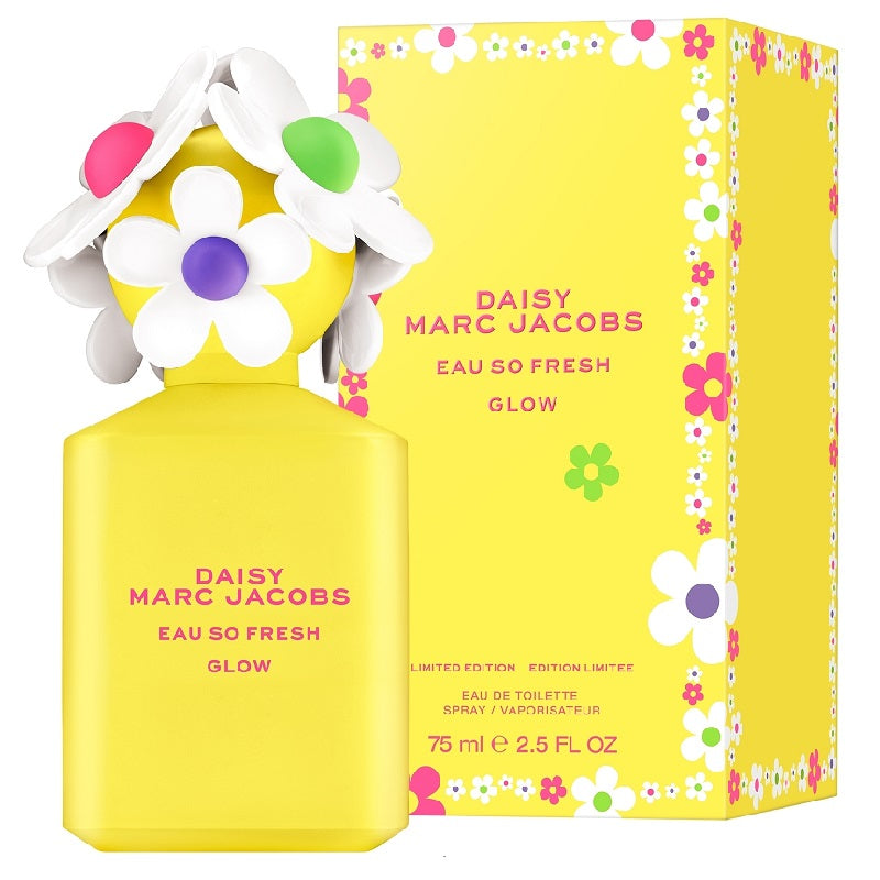 Yellow Daisy Marc Jacobs Eau So Fresh Glow perfume bottle and packaging with floral design.