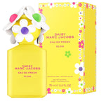 Yellow Daisy Marc Jacobs Eau So Fresh Glow perfume bottle and packaging with floral design.