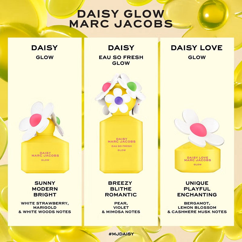 Three yellow Marc Jacobs Daisy perfume bottles with floral designs on a yellow background.