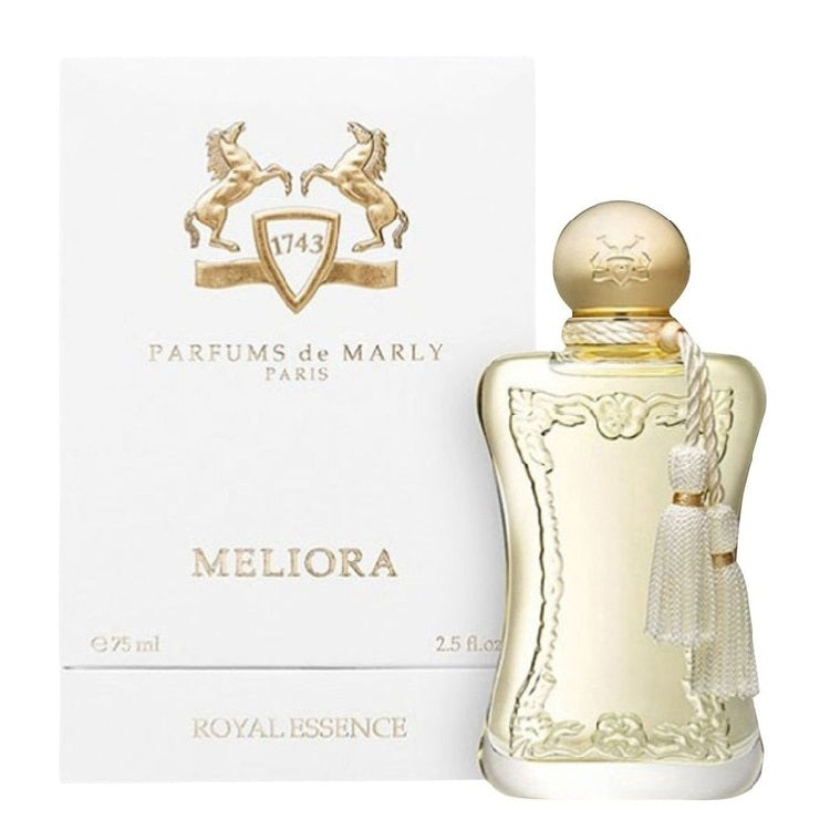 A bottle of Meliora Royal Essence Eau de Parfum by Parfums De Marly with a decorative box. The bottle is clear with a gold cap and a white label featuring the name 'Meliora' and the scent 'Royal Essence'.