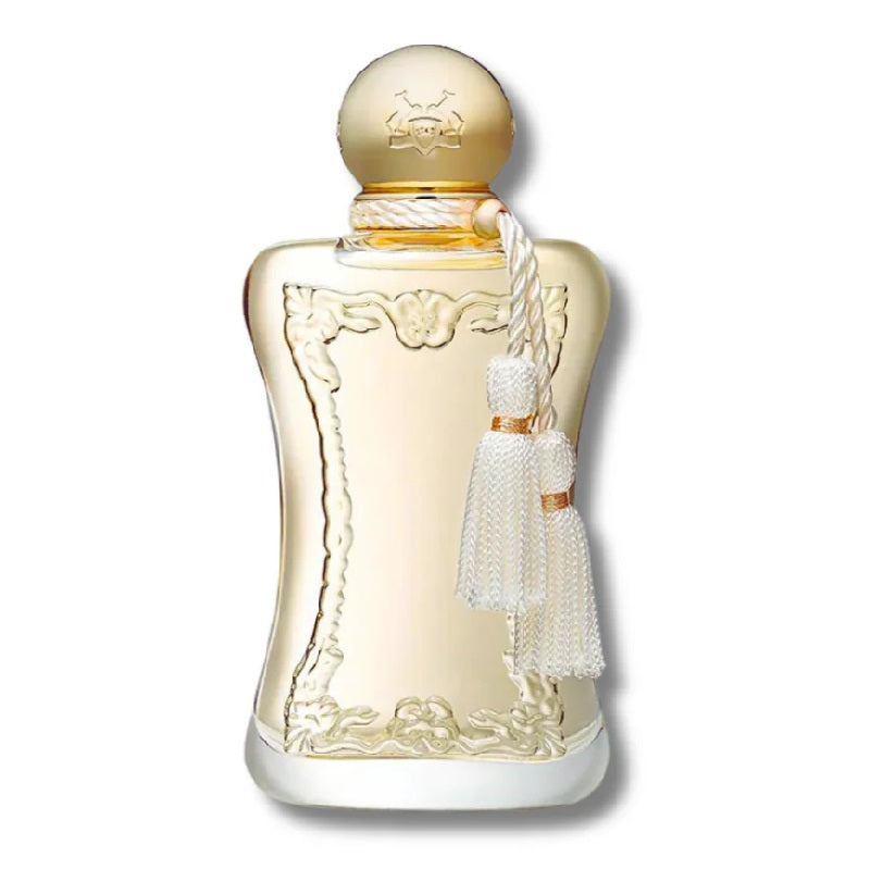 A bottle of Meliora Royal Essence Eau de Parfum by Parfums De Marly with a gold cap and a white tassel on the front.