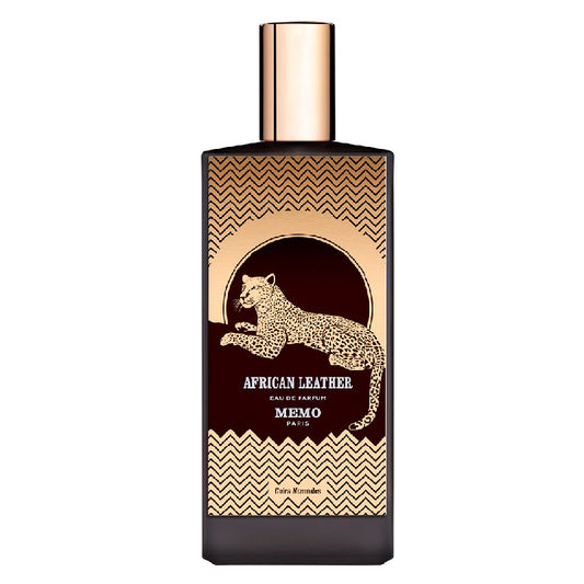 Perfume bottle with leopard design and 'Memo Paris' branding on a white background
