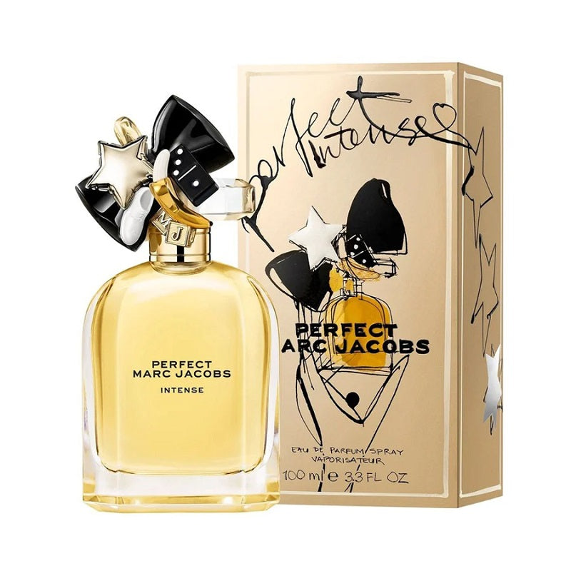 Marc Jacobs Perfect Intense perfume bottle and packaging on a white background