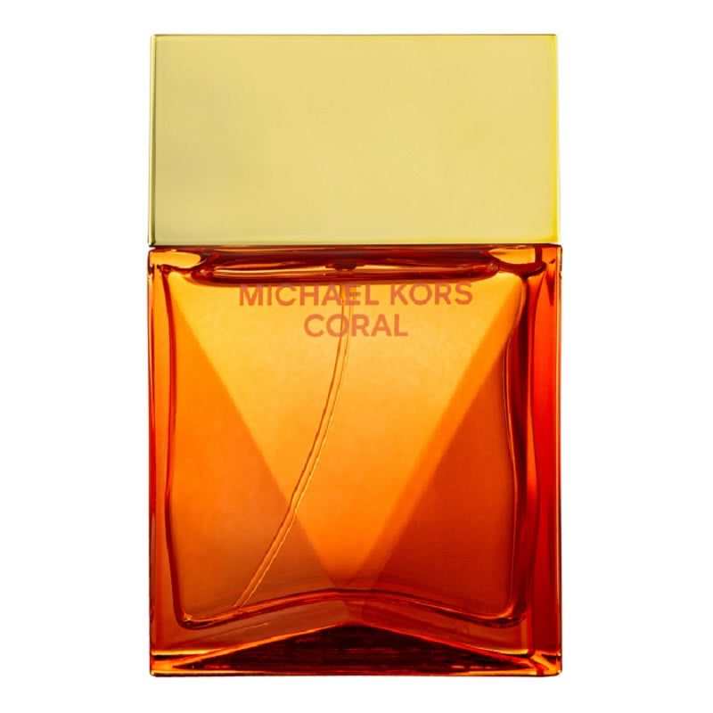 A square-shaped, orange-colored bottle of Coral Eau de Parfum by Michael Kors with a gold-colored cap.