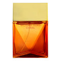 A square-shaped, orange-colored bottle of Coral Eau de Parfum by Michael Kors with a gold-colored cap.