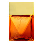 A square-shaped, orange-colored bottle of Coral Eau de Parfum by Michael Kors with a gold-colored cap.