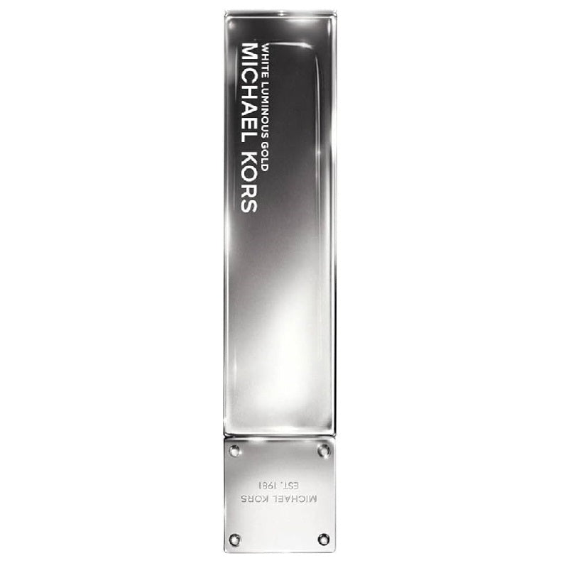 A tall, slender bottle of White Luminous Gold Eau de Parfum by Michael Kors with a silver cap and label.