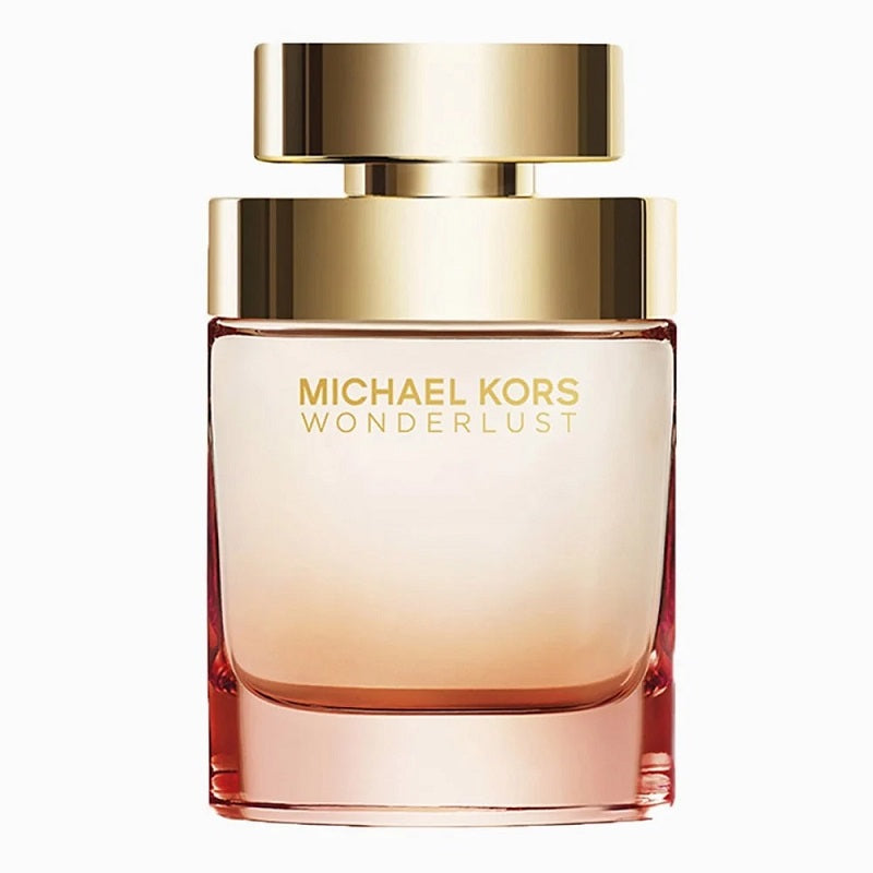 Michael Kors Wonderlust perfume bottle with gold cap on a white background