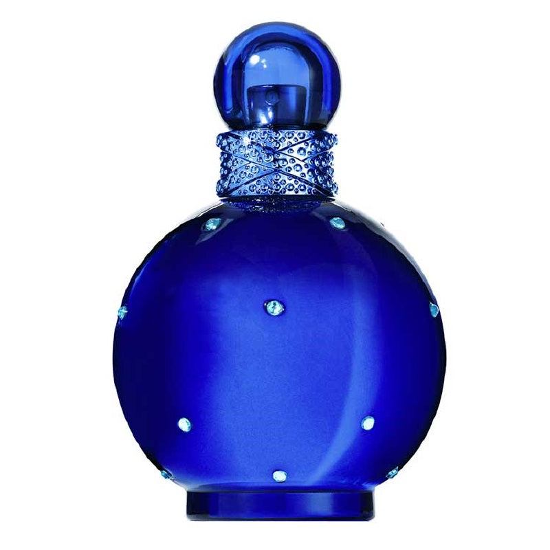 Blue perfume bottle with decorative cap on a white background