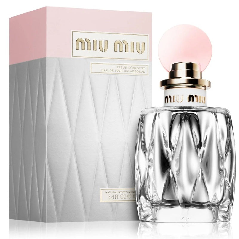 Miu Miu perfume bottle and packaging on a white background