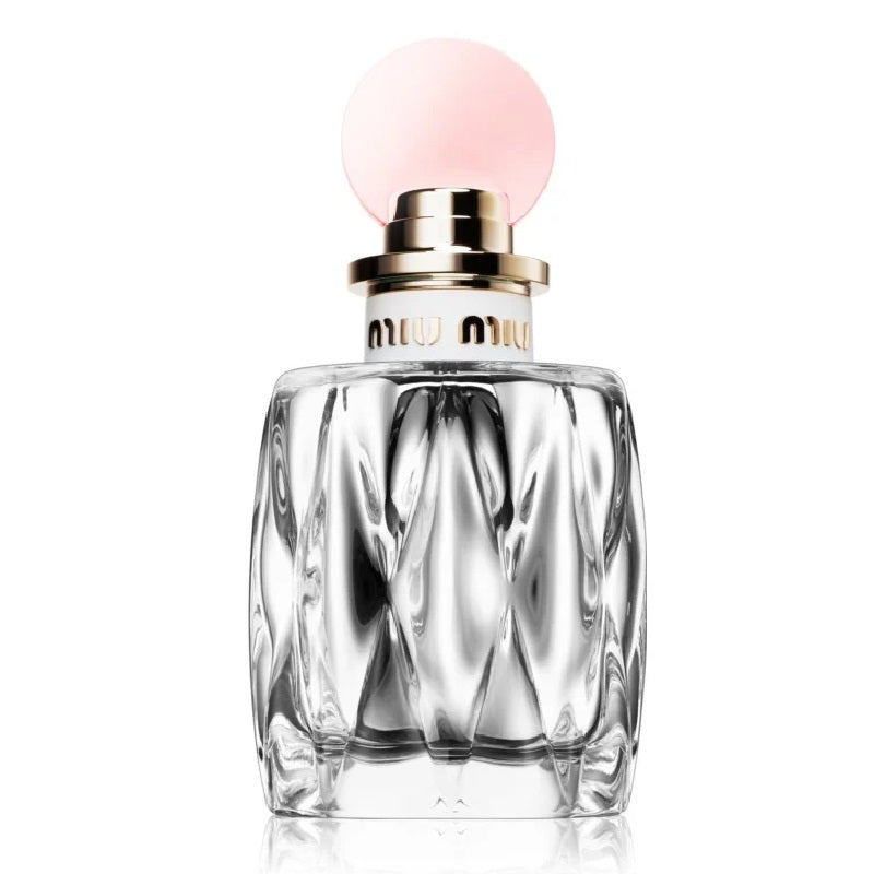 Miu Miu perfume bottle with a pink cap on a white background