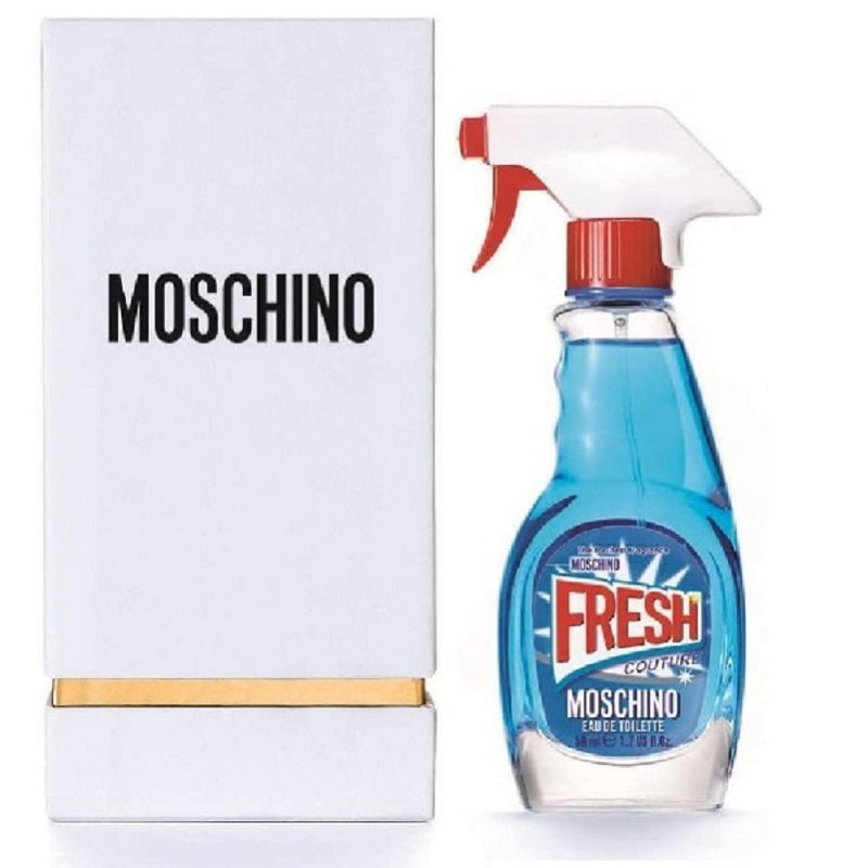 Moschino Fresh Couture perfume bottle with packaging on a white background