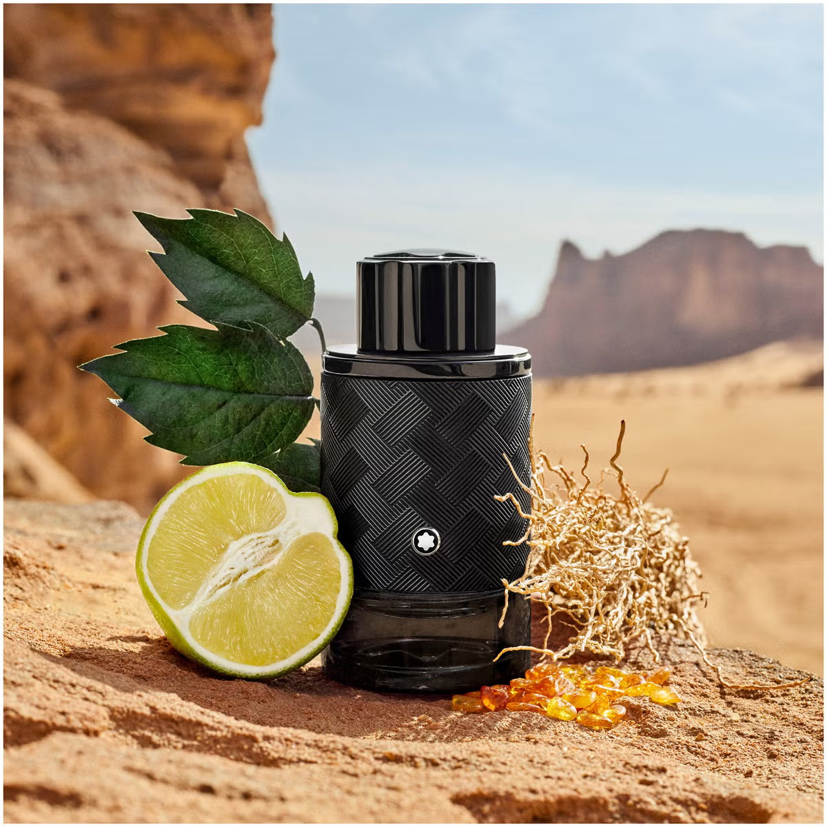 Black cylindrical product with a lime and leaves on a desert background