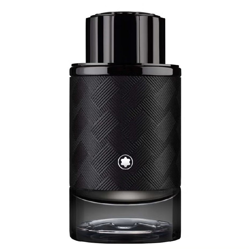 Black textured perfume bottle with a logo on a white background
