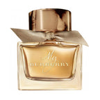 Bottle of My Burberry Eau de Parfum with a clear golden liquid visible and a gold-colored cap. The label displays the brand name 'Burberry'.